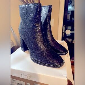 Square Toe Glitter Rhinestone Booties Silvya